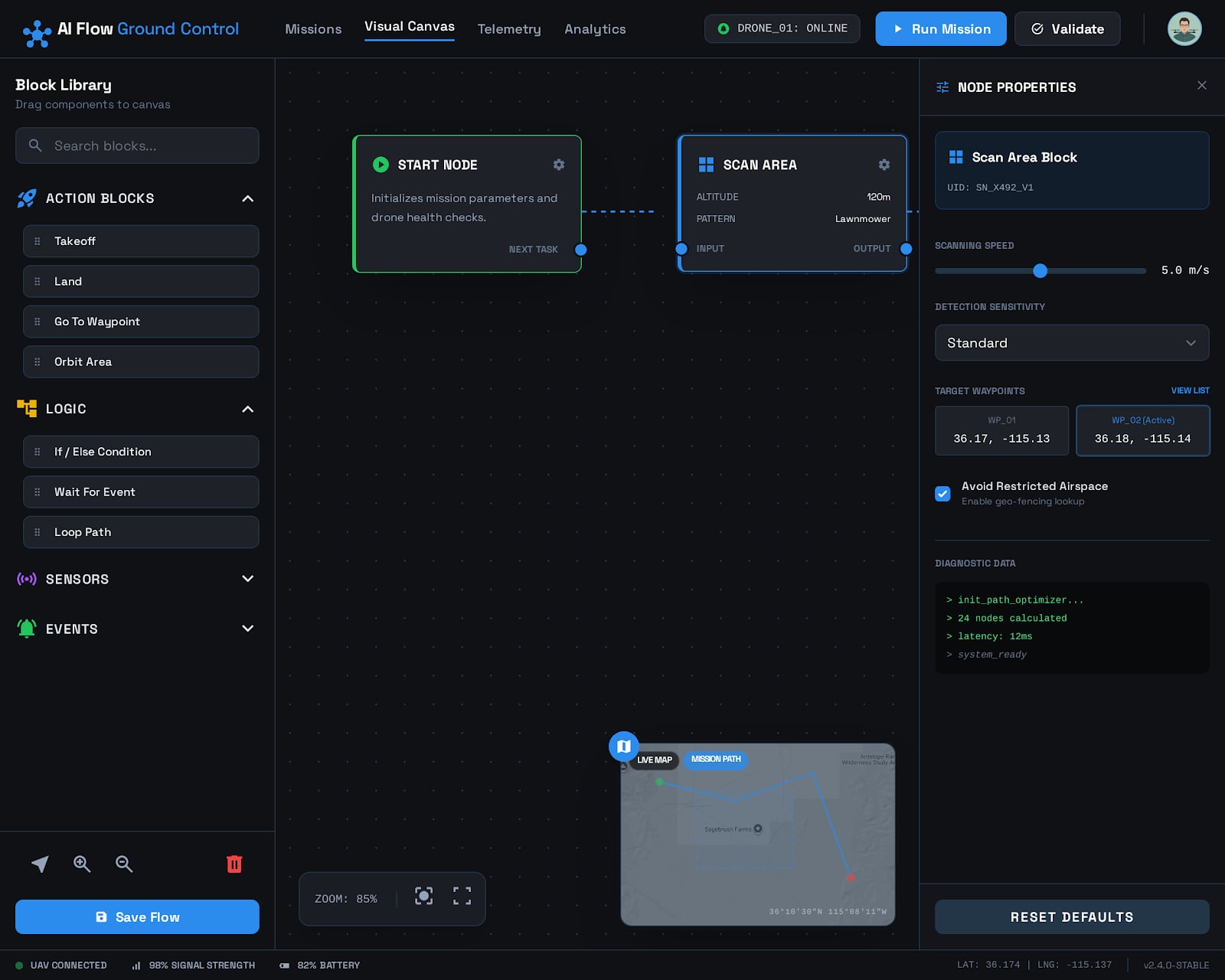 AIFlow visual canvas – drag-and-drop mission planning